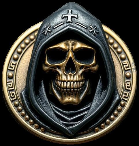 A detailed metallic emblem featuring a golden skull wearing a black hooded robe with a cross on the forehead, set within an ornate gold circular border with decorative patterns.