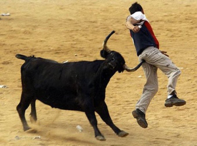 An action shot from a bullfighting arena showing a black bull charging at a man in a red and white shirt and khaki pants who is leaping away with his arms raised defensively.