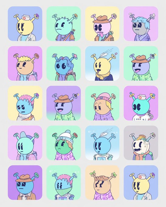 A 20-panel grid of cartoon character icons with antennae heads in various outfits and pastel colors.