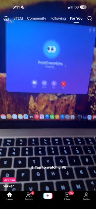 The screenshot captures a TikTok live stream titled "parker" showing a laptop displaying an incoming call from "DeepSpectrum" with what appears to be a scam call setup, accompanied by a fake 3D logo on the screen. This visual aligns with the post's message about scammers using TikTok livestreams to stage fake calls with crypto influencers (KOLs) in order to manipulate viewers into believing they'll buy tokens.