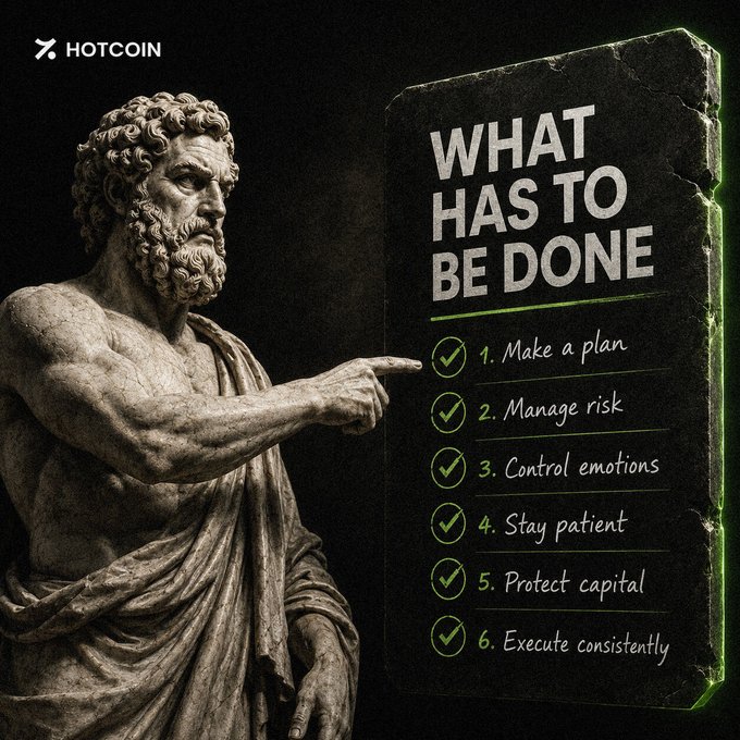 A Hotcoin promotional graphic featuring a classical statue pointing to a checklist titled 'WHAT HAS TO BE DONE' with six items including '1. Make a plan' and '5. Protect capital'.