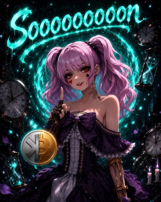 An anime-style illustration of a pink-haired gothic girl in a purple dress with the word 'Soooooooon' above her, featuring a combined XRP/BTC coin logo, surrounded by clocks and hourglasses against a teal swirling background.
