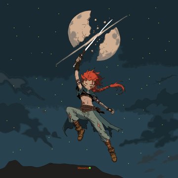 Pixel art shows a red-haired female warrior leaping through a starry night sky while slashing upward at a moonlit orb with her sword.