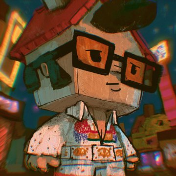 A blocky, stylized character with orange square glasses, curly hair, and a red cap stands against a vibrant, graffiti-like cityscape backdrop in an upgraded, polished art style.

The "upgraded" caption reflects how the image appears to be an enhanced or remastered version of a simpler, possibly more pixelated original character design, now rendered with richer colors, detailed textures, and dynamic background lighting.
