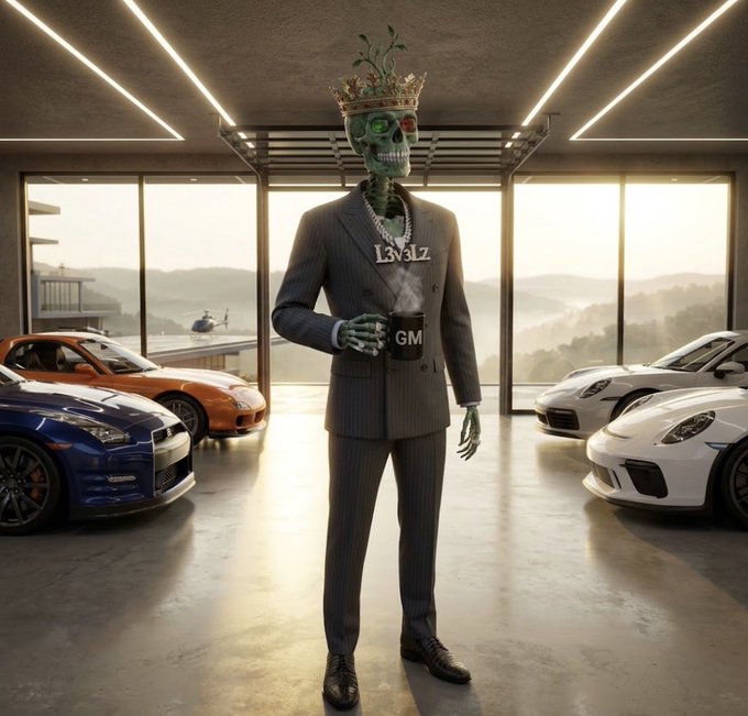 A surreal digital artwork of a green-skinned skeleton wearing a crown of leaves, a pinstripe suit, and chain necklaces, holding a mug labeled 'GM' while standing in a modern garage filled with luxury sports cars.