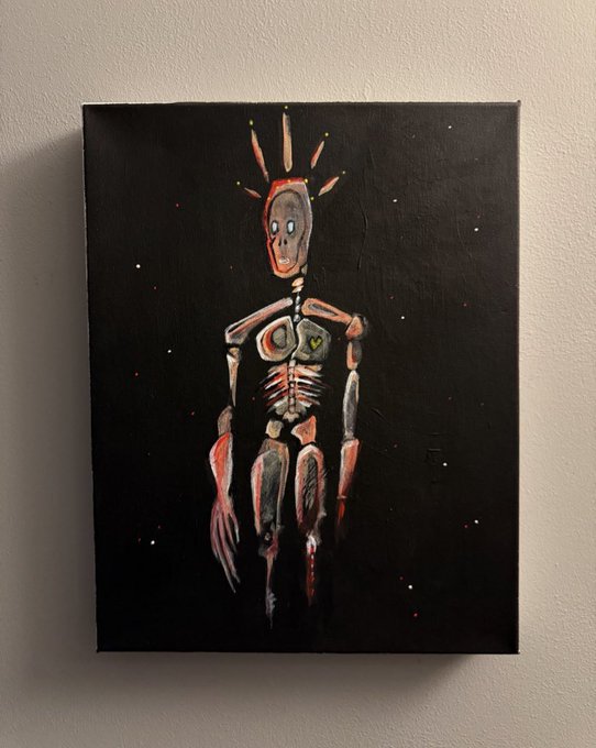 A painting on canvas depicting a skeletal, humanoid figure with spiked protrusions on its head and glowing eyes against a dark background dotted with small colorful specks.