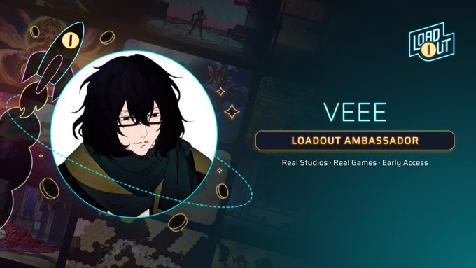 An announcement graphic for 'VEEE' as a 'LOADOUT AMBASSADOR', featuring an anime-style character and text highlighting 'Real Studios - Real Games - Early Access'.