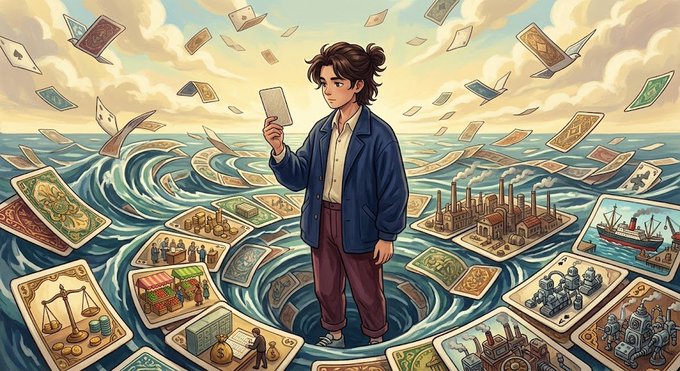 An illustration of a young person with messy dark hair, wearing a blue jacket and dark pants, standing in swirling waters holding up a small card. They are surrounded by a vast array of floating cards depicting various scenes, including scales, factories, ships, and gears, under a cloudy sky.