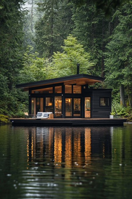A modern black cabin on a lake, surrounded by dense evergreen forest with its warm lights reflecting on the water.