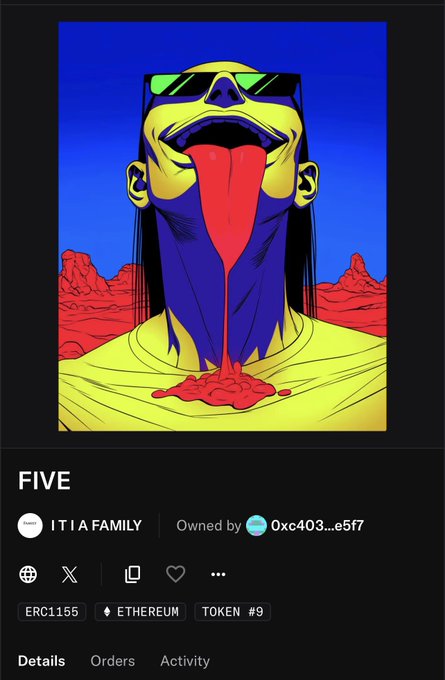 A vivid pop-art style NFT titled "FIVE" from the ITIA FAMILY collection on OpenSea (ERC-1155, Ethereum, Token #9), depicting a yellow-skinned figure with green sunglasses and an elongated red tongue dripping onto their chest against a blue and red background. The surreal, dripping imagery complements the post's announcement of ITIA Family's on-chain identity launch as more than just NFTs—marking the first chapter of their story.