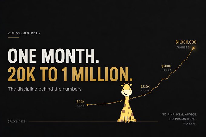 The image shows a dark-themed graphic titled "ZORA'S JOURNEY" with the headline "ONE MONTH. 20K TO 1 MILLION." featuring a cartoon giraffe and a line chart tracking growth from $20K on July 4, to $220K on July 19, $600K on July 27, and $1,000,000 on August 5, with the handle @zorathzzz and a disclaimer "NO FINANCIAL ADVICE, NO PROMOTIONS, NO DMs." The graphic visually reinforces the post's bold claim of turning a small starting amount into massive profits in a short timeframe on OKX, illustrating the rapid upward trajectory of the trade.