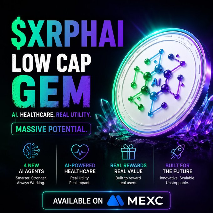 A cryptocurrency promotional graphic for "$XRPHAI - LOW CAP GEM - AI. HEALTHCARE. REAL UTILITY. - MASSIVE POTENTIAL." featuring a glowing coin with an AI molecular design, available on MEXC, highlighting "4 NEW AI AGENTS", "AI-POWERED HEALTHCARE", "REAL REWARDS REAL VALUE", and "BUILT FOR THE FUTURE".