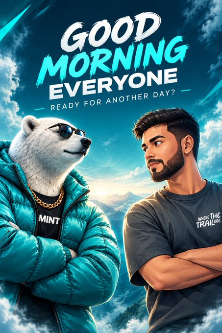 A graphic with a blue sky background featuring a polar bear wearing sunglasses and a teal puffy jacket standing next to a man with his arms crossed. The text reads "GOOD MORNING EVERYONE - READY FOR ANOTHER DAY?"