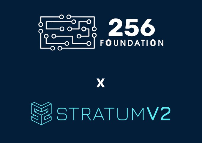 A promotional graphic on a dark blue background showing the logos for "256 Foundation" and "StratumV2" separated by an "x", indicating a partnership or collaboration.
