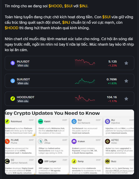 A Vietnamese crypto market update discussing HOOD, SUI, and INJ, showing price charts for INJUSDT (-1.23%), SUIUSDT (+1.83%), and HOODUSDT (-1.17%) along with key crypto updates.