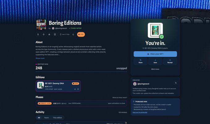 A screenshot of the 'Boring Editions' NFT page showing 'You're in. to BE-001 Swamp DNA is yours.' with a minting price of 0.2 ETH.