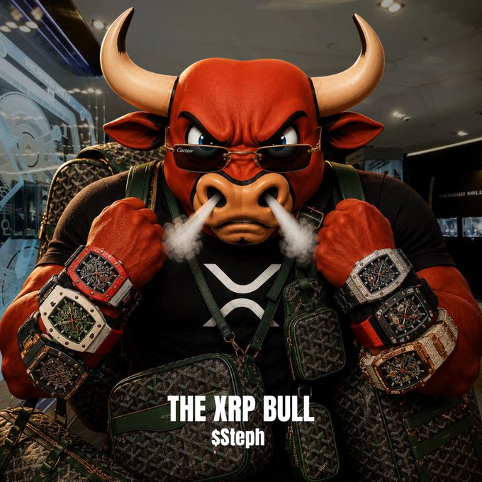 This image depicts "The XRP Bull" featuring a stylized bull character with multiple luxury watches and designer bags. The accompanying post mentions $XRP and a ticker $Steph, indicating the image is related to a cryptocurrency community or project.