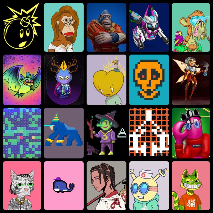 A grid displaying twenty different digital collectible NFT artworks featuring various characters, animals, and pixel art designs.