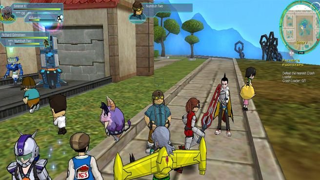 The screenshot shows a scene from the cartoon-style MMORPG "FusionFall," featuring characters like "Eduardo," "Numbch Two," and "Pickard Gymenon" gathering in a town area with quest text "Defeat the nearest Crash Lord!" visible on-screen. The post jokingly asks about forking the game and putting it "onchain," suggesting the player is so engrossed in or frustrated with FusionFall's gameplay that they consider hacking or replicating it for blockchain purposes.