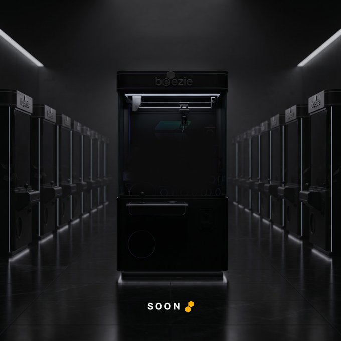 A sleek black vending-style kiosk branded "beezie" stands illuminated in a dark showroom flanked by rows of similar machines, with "SOON" and a honeycomb logo displayed at the bottom—teasing the upcoming SOL migration referenced in the post, which is expected to significantly boost revenue.