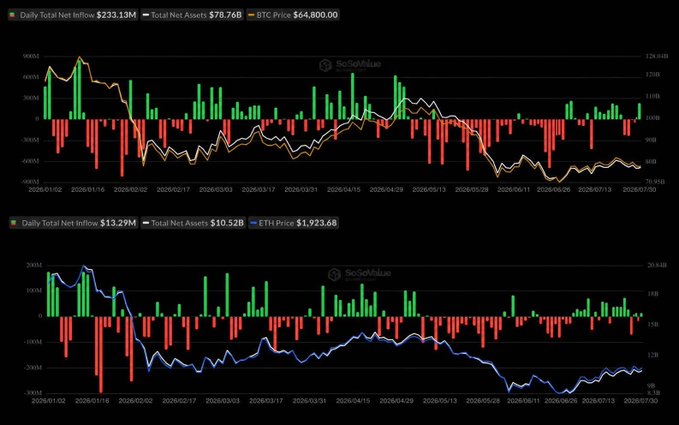 The image displays two charts comparing daily total net inflows for Bitcoin and Ether ETFs from January to July 2026. The top chart shows BTC with $233.13M in total daily net inflows, $78.76B in total net assets, and a BTC price of $64,800.00, while the bottom chart shows ETH with $13.29M in total daily net inflows, $10.52B in total net assets, and an ETH price of $1,923.68. Both charts visually support the caption's claim, as the recent red bars on the BTC chart contrast with the green bars on the ETH chart, illustrating the divergent flows between the two largest crypto assets.
