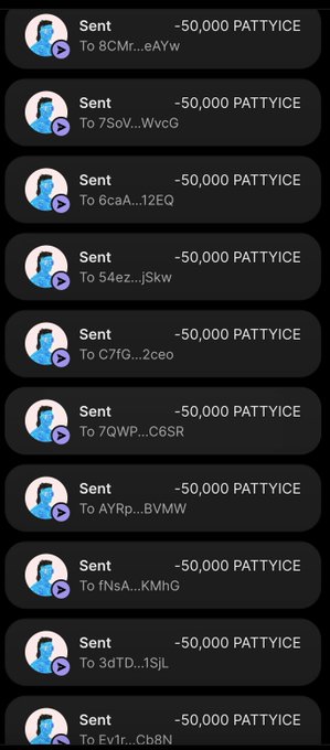 A screenshot showing 10 consecutive transaction confirmations of "-50,000 PATTYICE" tokens being sent to different truncated Solana wallet addresses (8CMr..., 7SoV..., etc.), corresponding to the 10 randomly selected winners of the $PATTYICE distribution giveaway.