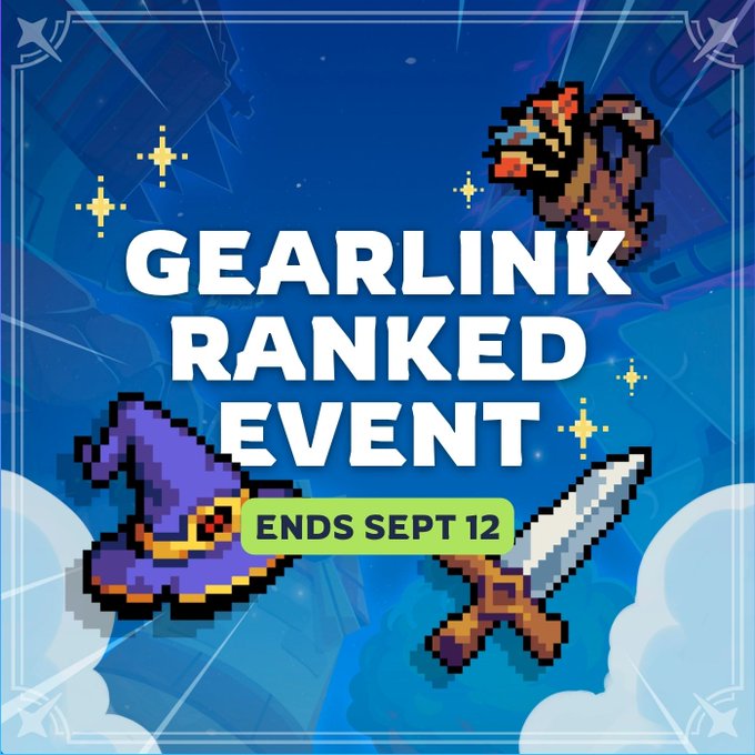 A promotional graphic for a 'GEARLINK RANKED EVENT' ending September 12 features pixel art sprites of a wizard hat, sword, and bow against a blue starry background.