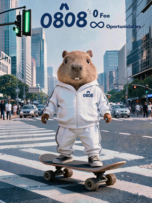 An AI-generated image shows a capybara wearing a white tracksuit with '0808' on it, standing on a skateboard at a city crosswalk with text '0808 0 Fee ∞ Opportunities'.