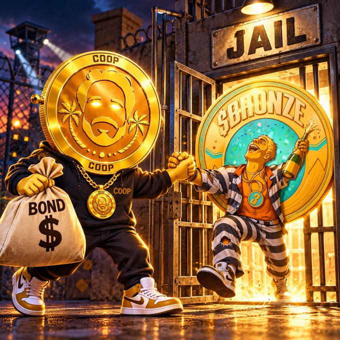 An illustrated scene depicting two stylized figures outside a 'JAIL' entrance, with one holding a 'BOND $' bag.