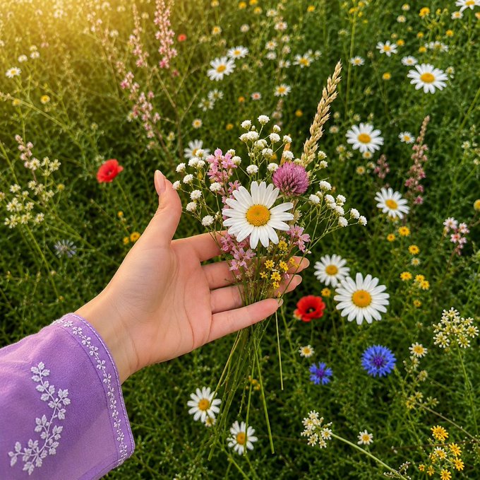 A hand holds a small bouquet of wildflowers, including daisies and a pink clover, against a backdrop of a sunny meadow filled with colorful blooms.