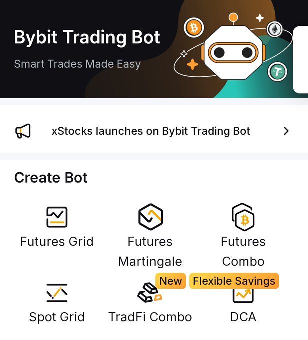 A screenshot of the Bybit Trading Bot interface displaying the "Create Bot" menu with options including Futures Grid, Futures Martingale, Futures Combo, Spot Grid, TradFi Combo (marked "New"), and DCA (marked "Flexible Savings"), under the header "Smart Trades Made Easy." The image showcases the TradFi Combo Bot, aligning with the post's mention of exploring Bybit's TradFi Combo Bot for automated portfolio diversification.