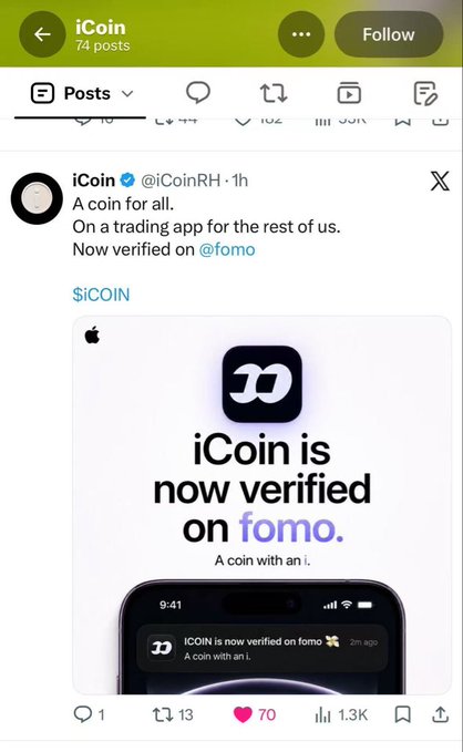 A social media post from iCoin (@iCoinRH) announcing "iCoin is now verified on fomo" with their logo and a notification screenshot, gaining engagement with 70 likes and 1.3K views.