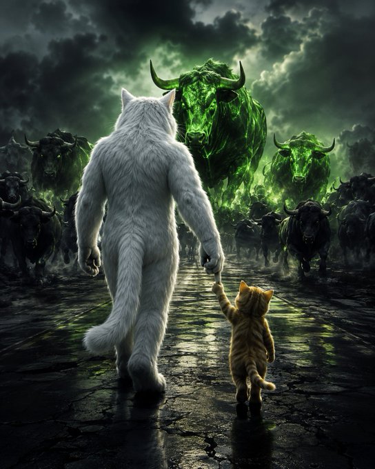 A digital artwork depicts a large white werewolf-like creature and a small orange cat walking hand-in-hand toward a herd of glowing green, ghostly buffalo under a stormy sky.
