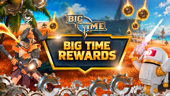 A promotional banner featuring a dark armored warrior wielding a glowing sword alongside a futuristic astronaut, framed by gears and falling fireballs, with the text "BIG TIME" and "BIG TIME REWARDS" displayed prominently. The bold "BIG TIME REWARDS" graphic visually celebrates the post's milestone of 1,105 Time Travelers participating in the inaugural Monthly Rewards draw, highlighting the achievements of 21 Daily and 15 Weekly Reward Winners from the event's first 24 days.