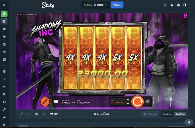 A screenshot of a Stake online casino slot game called "Shadows Inc" shows five 4X-5X multiplier symbols and a total win of 23000.00 USDC, with balance displayed in CLP. The image relates to the post by showing the slot game in action on Stake, though the "full screen" aspect mentioned in the caption isn't visible in this view.