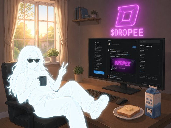 The image features a woman sitting in an office chair, wearing sunglasses and holding a cup of coffee while looking at her computer monitor. The monitor displays a social media platform called Dropee with a message that reads "T-1— The Convergence Post what makes Dropee stand out right now isn't just hype or one isolated metric It's the convergence of multiple thesis points aligning at the same time before TGE first is distribution Telegram basically became TON biggest advantage this cycle". This post highlights how Dropee has gained popularity and recognition in a short period.