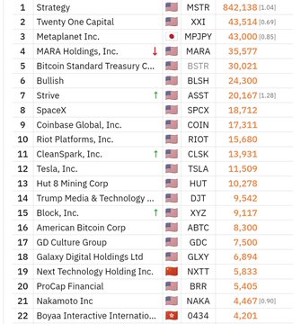 A stock ticker list showing MicroStrategy (MSTR) at 842,138 leading, followed by Twenty One Capital (XXI), Metaplanet Inc. (MPJPY), MARA Holdings, and other companies with their respective prices.