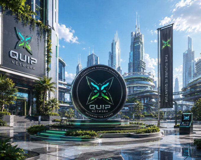 A futuristic cityscape promotional image for QUIP NETWORK, featuring a large QUIP coin with the tagline 'CONNECTING QUANTUM COMMONS' and 'SECURING THE FUTURE,' alongside a banner reading 'THE FUTURE IS QUANTUM.'