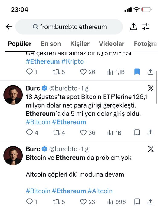 A Twitter/X search results page in Turkish showing posts from user @burcbtc discussing Bitcoin and Ethereum ETFs, with hashtags like #Bitcoin, #Ethereum, and #Altcoin, displayed at 23:04 on a mobile interface.