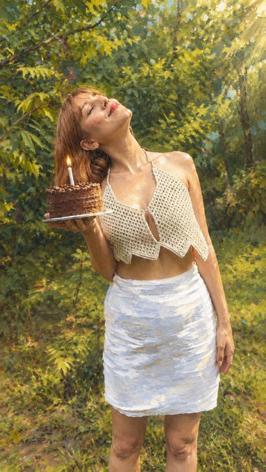 A woman in a white skirt and beige crocheted top stands outdoors in a sunlit forest, tilting her head back as she holds a chocolate birthday cake with a lit candle near her face.