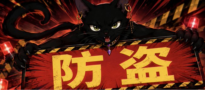 An animated black cat with green eyes and gold earrings holds up a red warning sign displaying the yellow Chinese characters '防盗' (anti-theft).