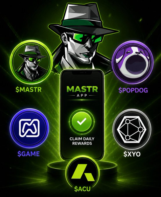 A promotional graphic for the 'MASTR' app, featuring a central illustration of a detective character surrounded by five circular cryptocurrency token logos labeled $MASTR, $POPDOG, $GAME, $XYO, and $ACU, with a smartphone displaying 'CLAIM DAILY REWARDS'.