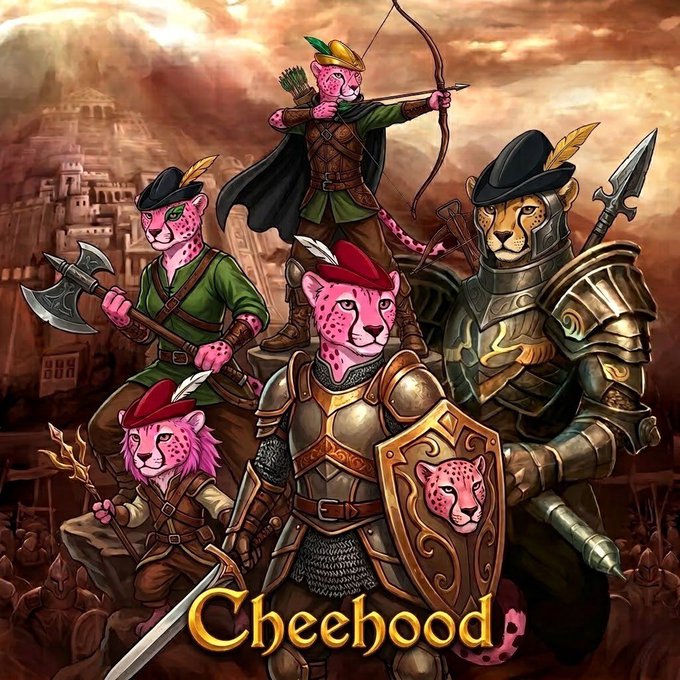 Fantasy artwork titled 'Cheehood' depicting anthropomorphic cheetah warriors in medieval armor with weapons including an axe, sword, bow, and shield.