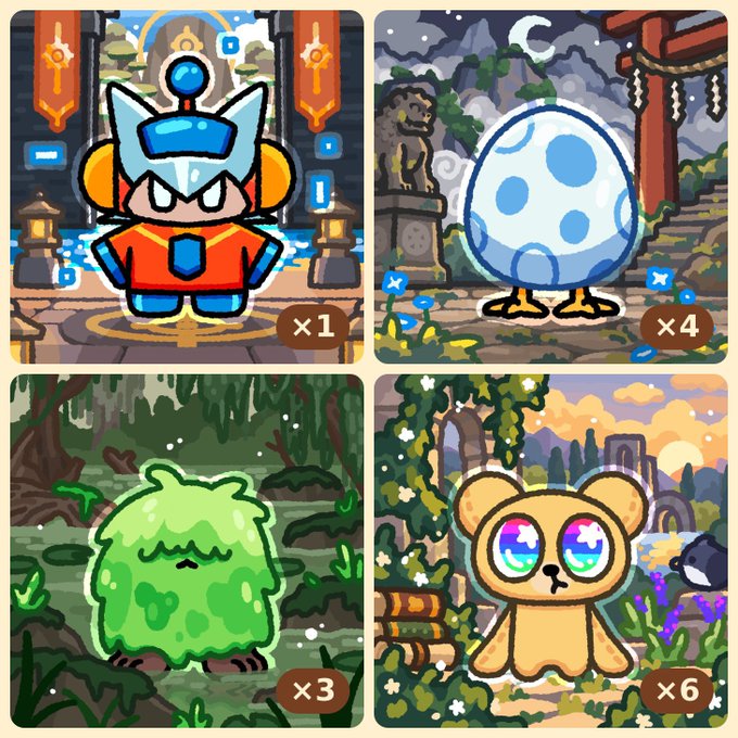 Four-panel grid of pixel art game characters including a knight-like figure, a spotted egg creature, a green slime, and a bear with rainbow eyes, each with quantity counters (x1, x4, x3, x6).
