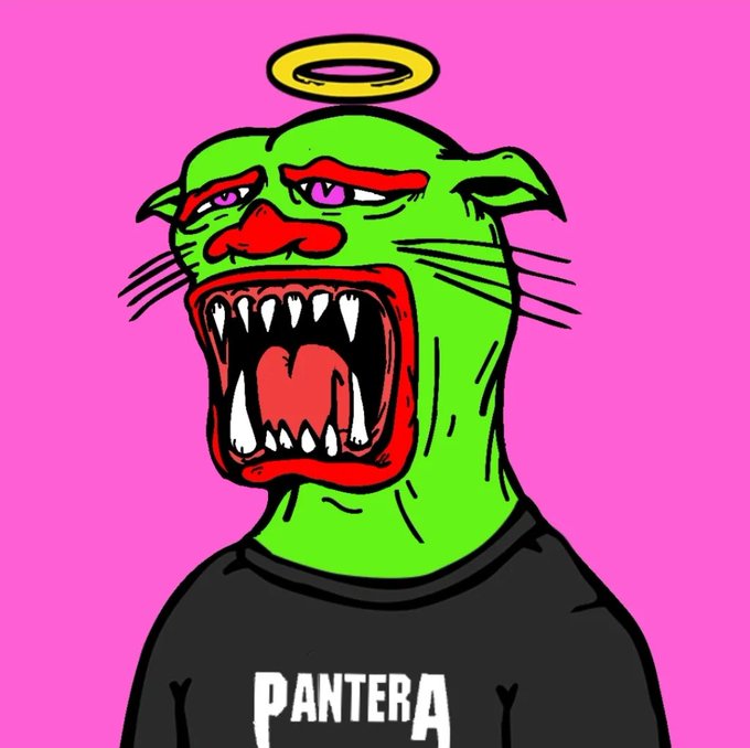 A cartoon illustration of a snarling green panther-like creature with sharp teeth, a halo above its head, red nose, and a black shirt reading 'PANTERA' against a pink background.