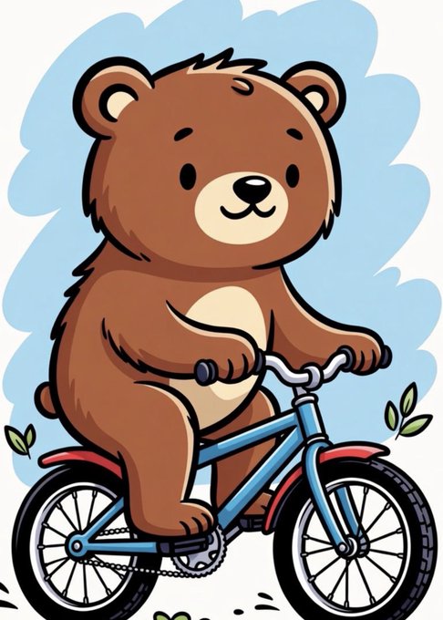 A cartoon illustration of a brown bear riding a blue bicycle against a blue cloud-like background.