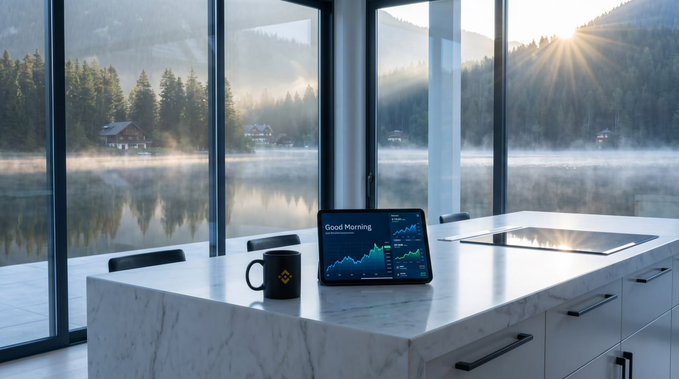 A tablet on a white marble kitchen island displays a 'Good Morning' greeting and green financial charts, accompanied by a black mug with a Binance logo, looking out over a misty lake and forest.