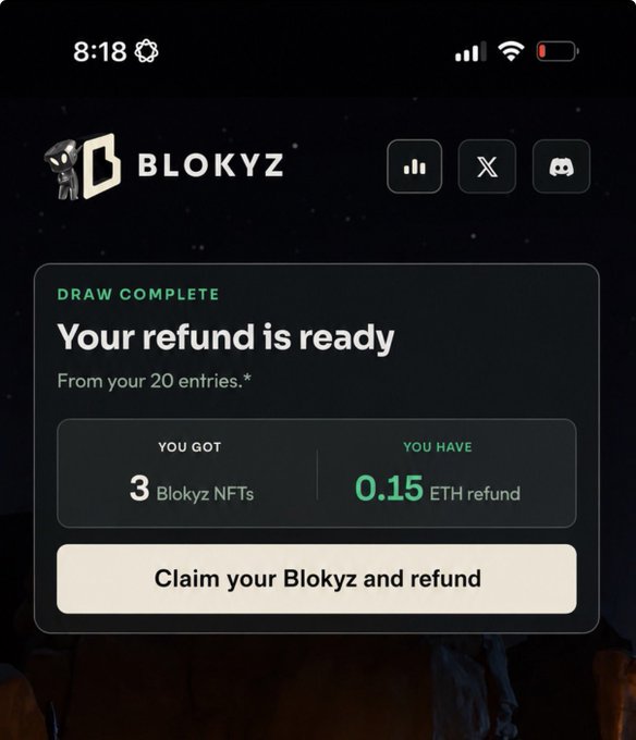 The image shows a "Draw Complete" notification from Blokyz indicating the user won 3 Blokyz NFTs and a 0.15 ETH refund from their 20 entries. The accompanying post celebrates copping these 3 NFTs with a $300 floor price and announces a giveaway to followers.