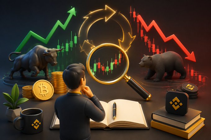 A trader analyzes a Bitcoin candlestick chart through a magnifying glass, surrounded by bull and bear figurines, golden BTC coins, Binance-branded merchandise, and open notebooks—symbolizing the cyclical nature of market rallies and corrections.

The image visually reinforces the post's message by depicting the recurring bull (green arrow) and bear (red arrow) market cycles, with the Binance logo (visible on the mug, book, and token) representing a key platform where traders study these patterns rather than react impulsively to short-term volatility.