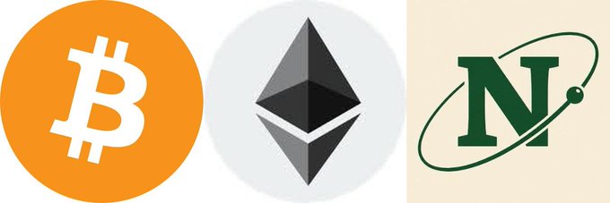 Three cryptocurrency logos displayed side by side: the orange Bitcoin (₿) logo, the gray Ethereum (Ξ) logo, and the green Namecoin (N) logo.